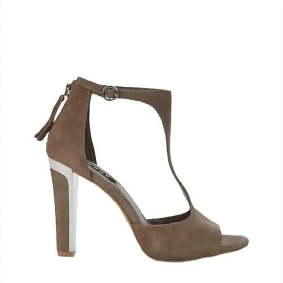 DKNY Brown Suede Colby T-Strap High Heels Sandals Size 5.5 - Picture 2 of 10
